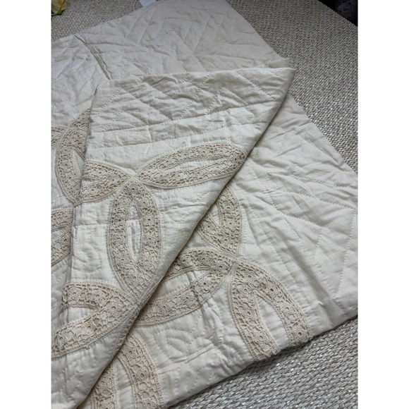 Other - Vintage 1993 Linen Cotton Quilt Ivory Crochet Lace Applique twin Cottagecore